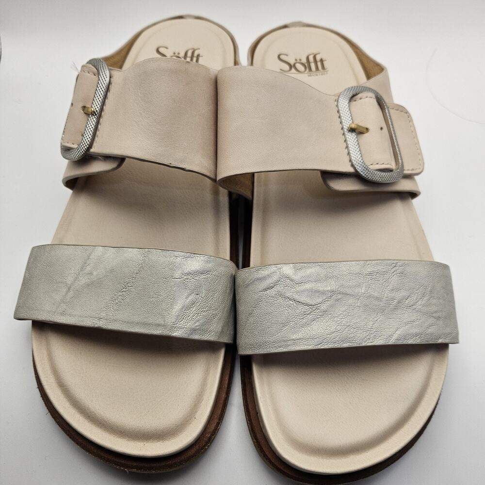 Sofft Women's Size 9.5M Cushioned Slip On Leather Silver & Tan Slides Buckle
